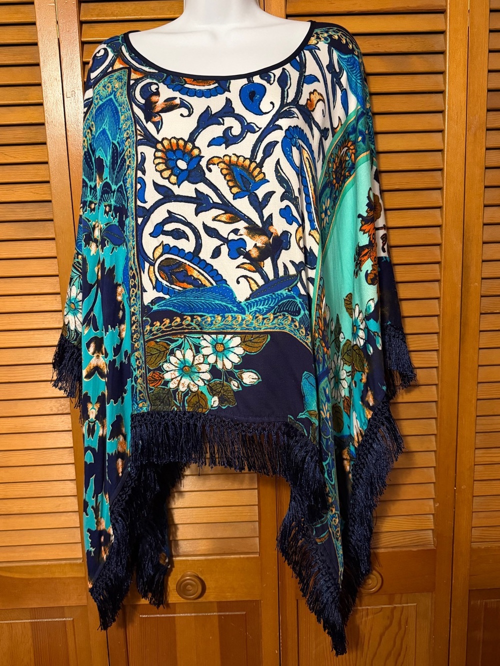 Chico's Teal & Navy Floral Fringe Poncho one size